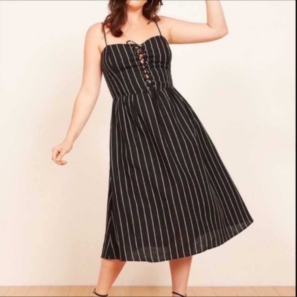 NWT REFORMATION Serena Linen Midi Dress in Sinatra Stripe size 18